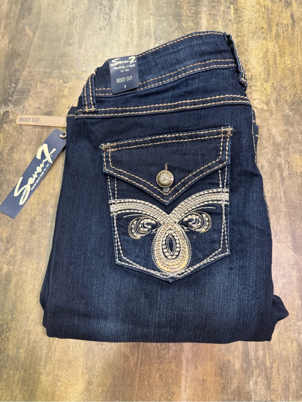 Seven7 Dark Blue Boot Cut Jeans with Embroidered Back Pocket